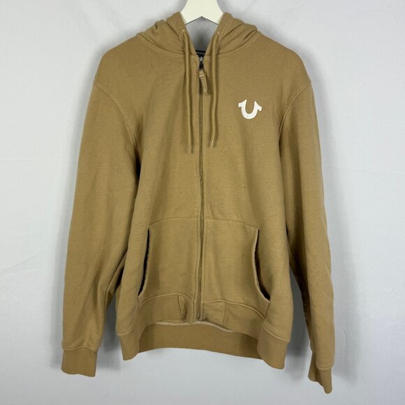 True Religion Hoodie Mens XL Tan Brown Full Zip Sweatshirt Y2K Well-Loved READ - Picture 1 of 12